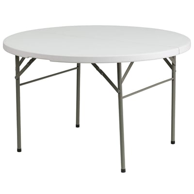 Bi-Fold Compact White Round Plastic Folding Table With Metal Legs