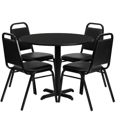 Round Top Laminate Bar Table Set With 4 Backrest Trapezodial Dining Chair - X-Base