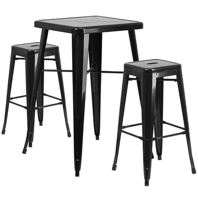 Square 23.75' Indoor-Outdoor Metal Bar Table Set With 2 Backless Bar Stool