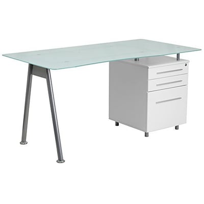 Contemporary Frosted Glass Top Computer Desk with 3 Drawer Pedestal