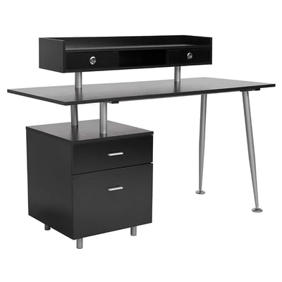 Contemporary Wood Office Desk with Drawers and Top Shelf