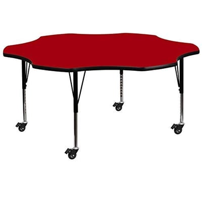 Flower Shape Laminated Top Height Adjusting Folding Table With Metal Legs and Wheels