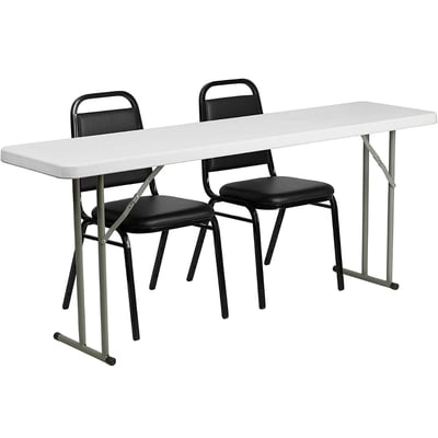 Plastic 18'' x 72'' Training Table Set with 2 Upholstered Trapezoidal Back Stack Chair