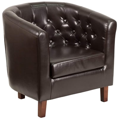 Traditional Upholstered Leather Tufted Barrel Chair with Wood Legs