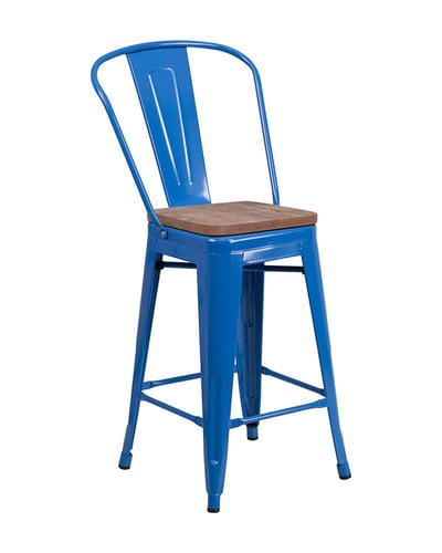 Wood Seat Backrest Metal Bar Stool 24 inches High With Footrest