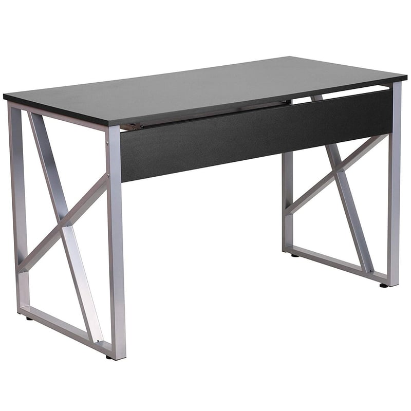 Contemporary Black Computer Desk With Keyboard Tray and Silver Frame