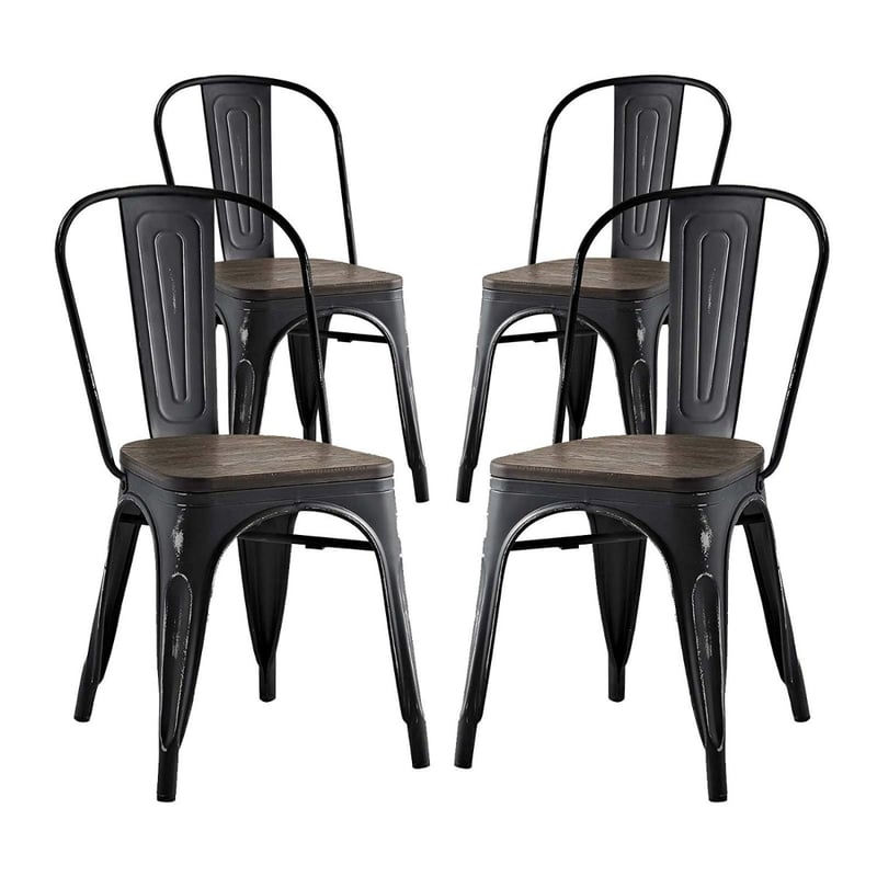 Armless Indoor/Outdoor Metal Stack Bistro Side Chair with Bamboo Seat Set of 2 or 4