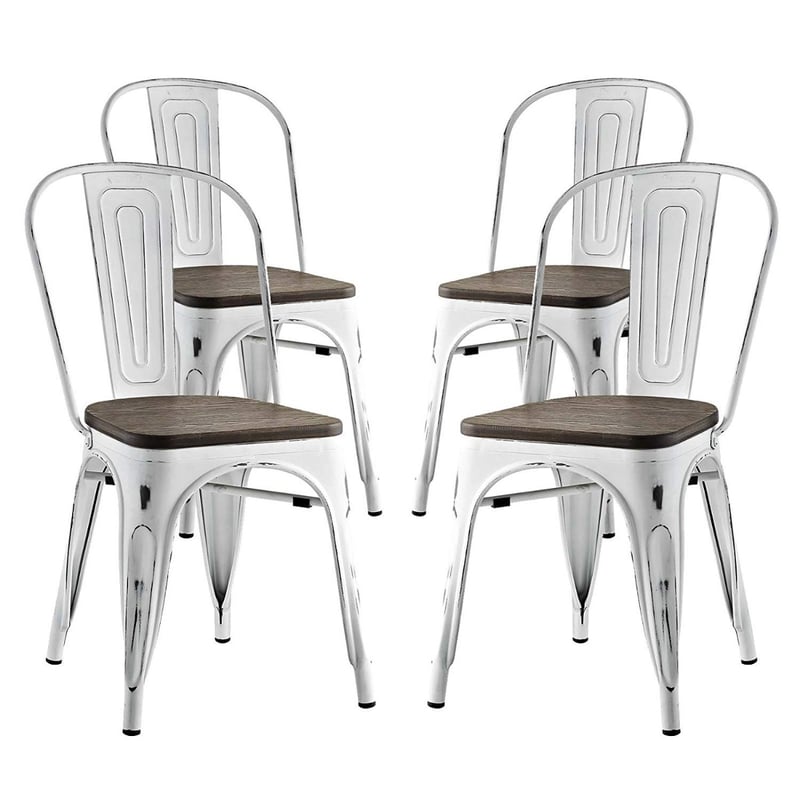 Armless Indoor/Outdoor Metal Stack Bistro Side Chair with Bamboo Seat Set of 2 or 4