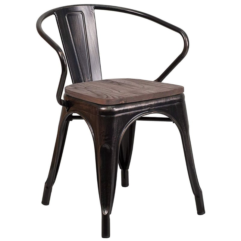 Armrest Stackable Metal Indoor/Oudoor Chair with Wood Seat