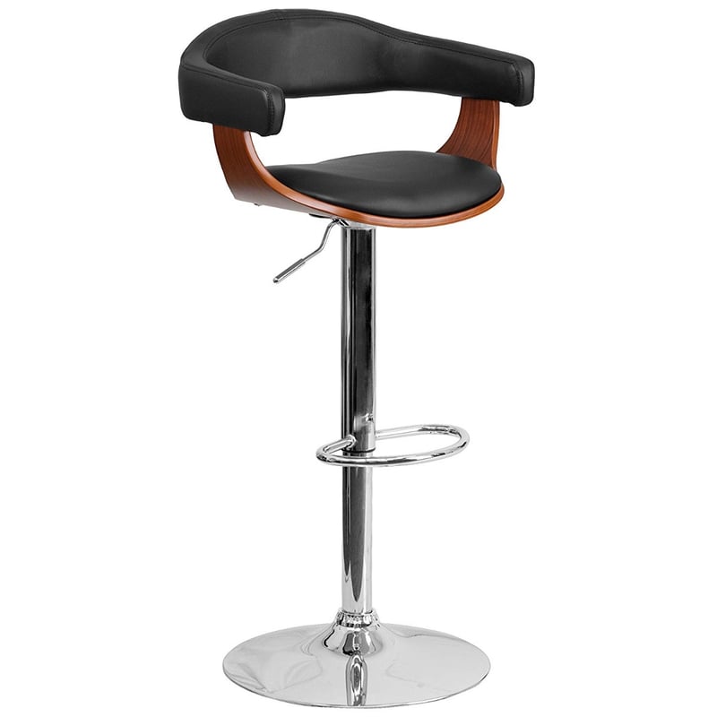 Bentwood Height Adjustable Bar Stool with Black Vinyl Upholstery & Foot Rest.