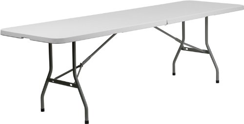 Bi-Fold Compact White Rectangle Plastic Folding Table With Metal Legs
