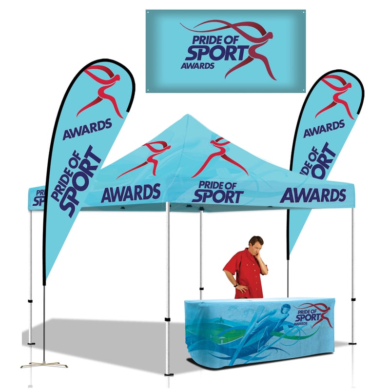 Outdoor Trade Show Booth with Banners and Flags