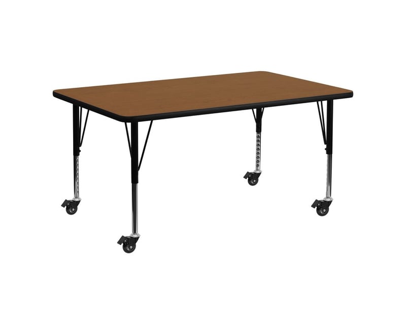 Rectangle Laminated Top Height Adjusting Folding Table With Metal Legs and Wheels