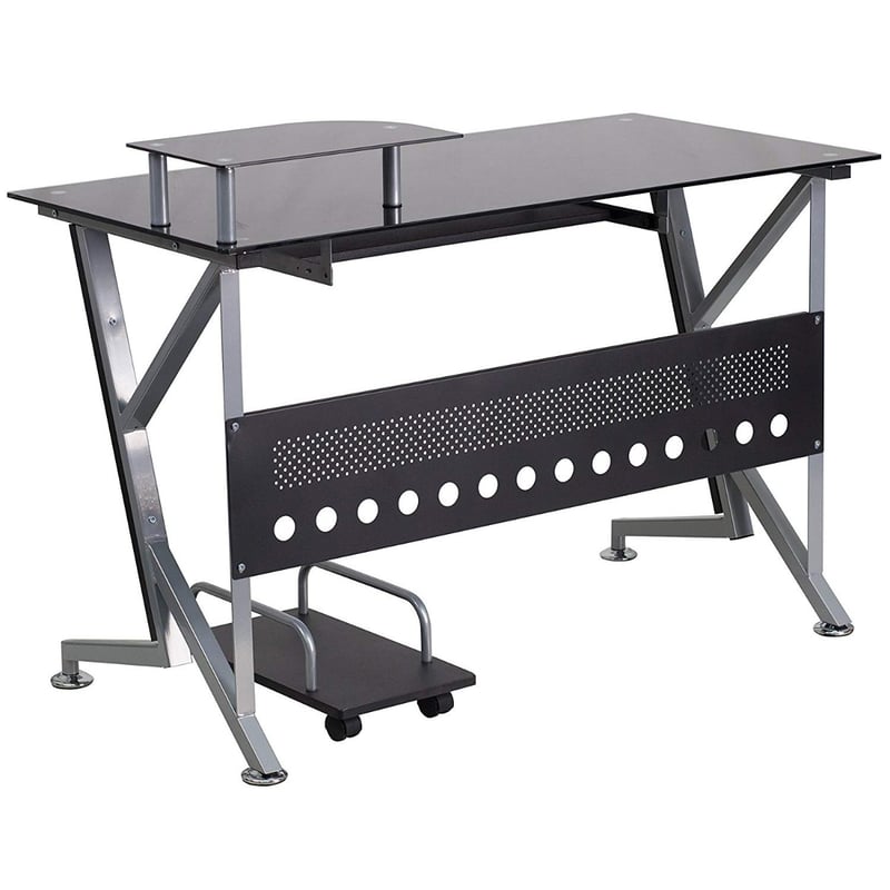 Contemporary Black Glass Computer Desk With Keyboard Tray and CPU Cart