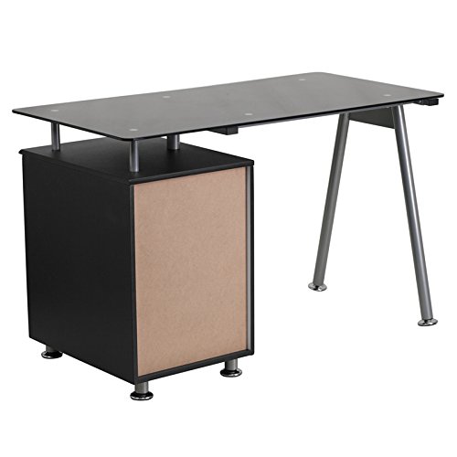 Contemporary Black Glass Top Computer Desk with 3 Drawer Pedestal