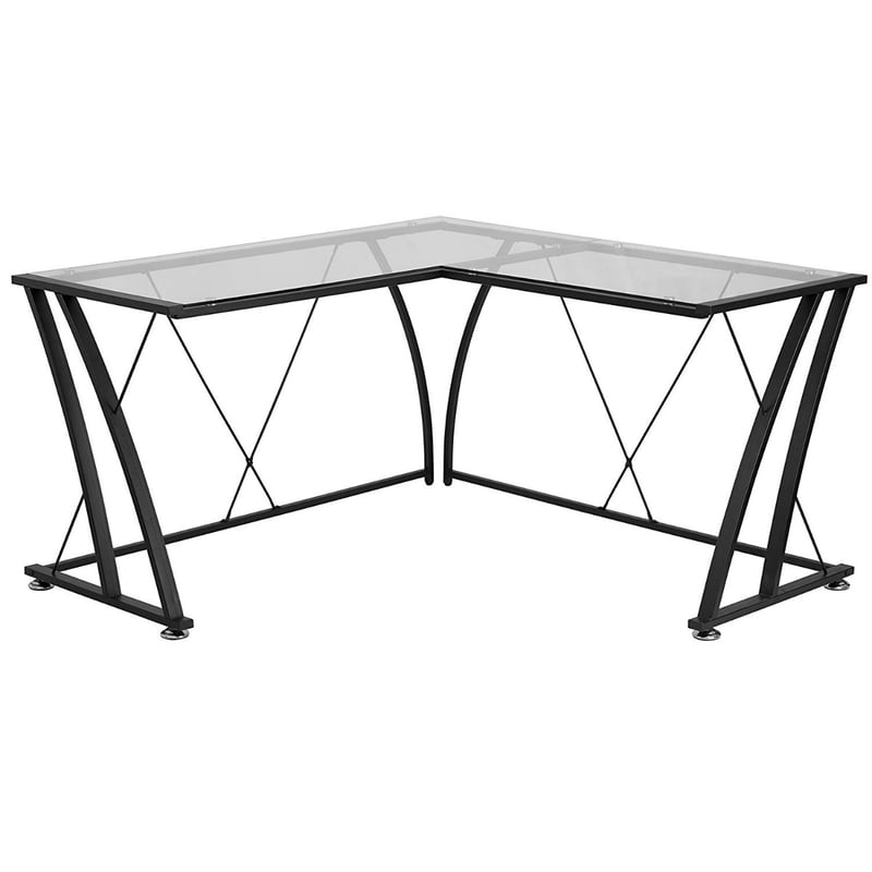 Contemporary Clear Glass L-Shape Computer Desk With Black Frame