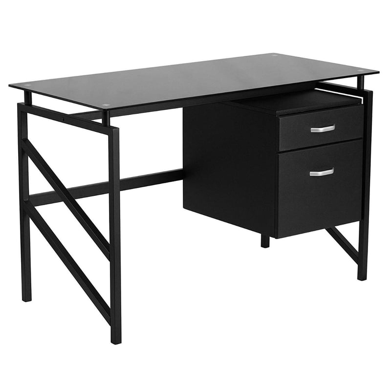 Contemporary Design Black Glass Computer Desk with Drawers and Metal Base