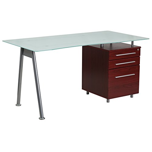 Contemporary Frosted Glass Top Computer Desk with 3 Drawer Pedestal