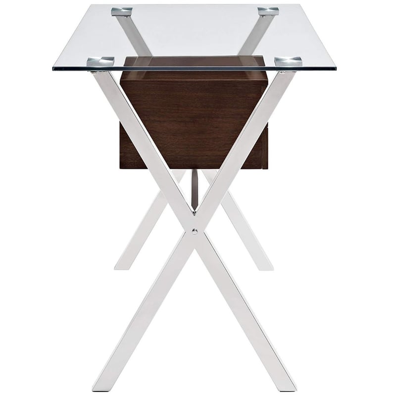 Contemporary Glass Top Office Desk with Steel X-Frame and Drawer