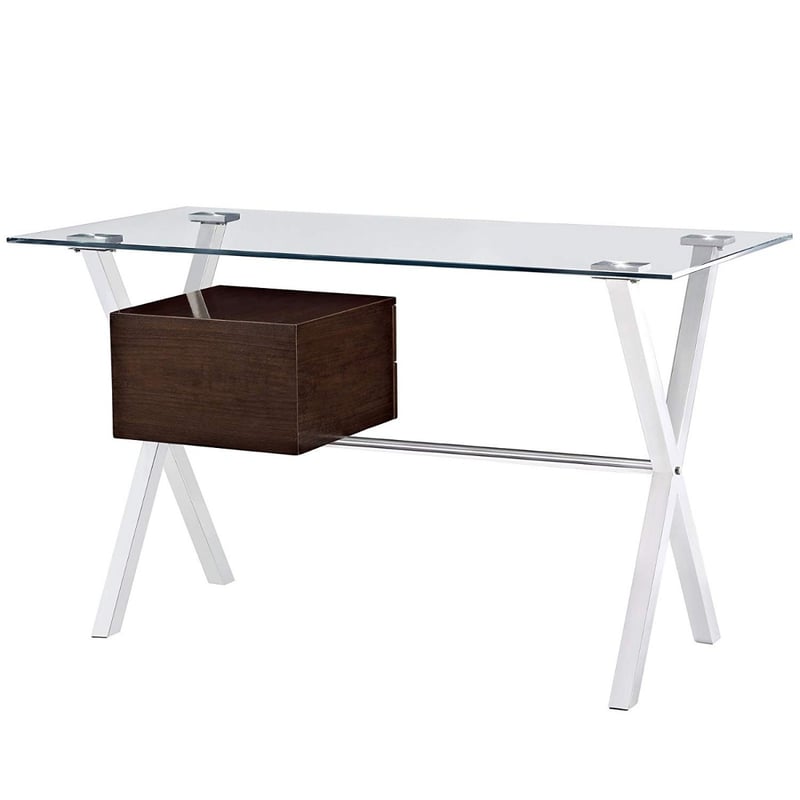 Contemporary Glass Top Office Desk with Steel X-Frame and Drawer