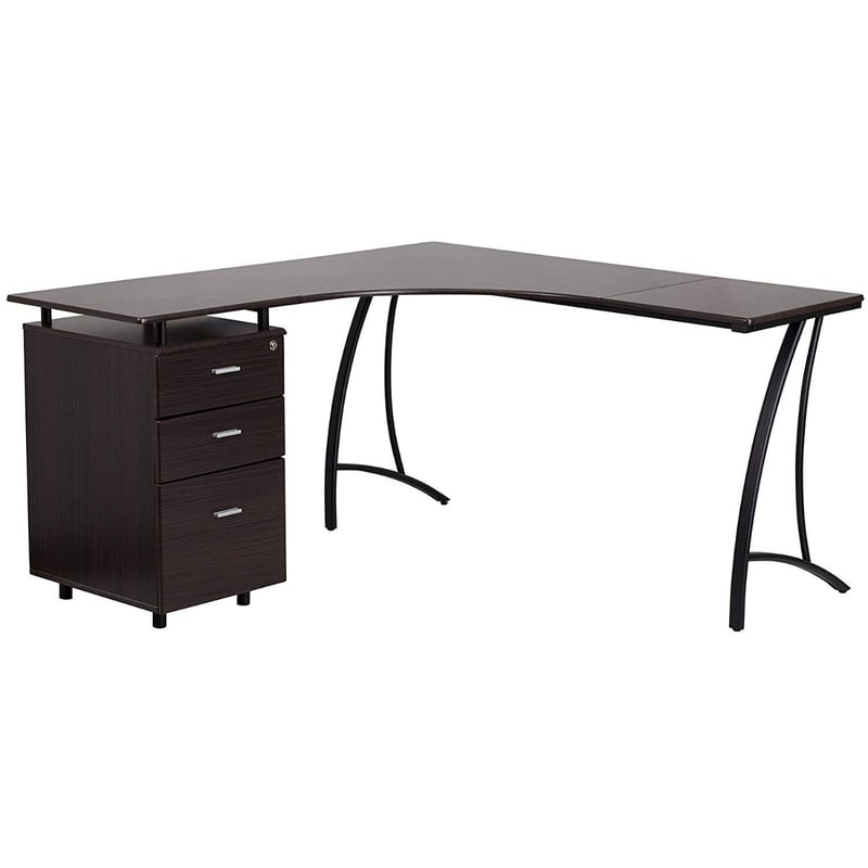 Contemporary L-Shape Office Desk with Drawer Pedestal and Metal Legs
