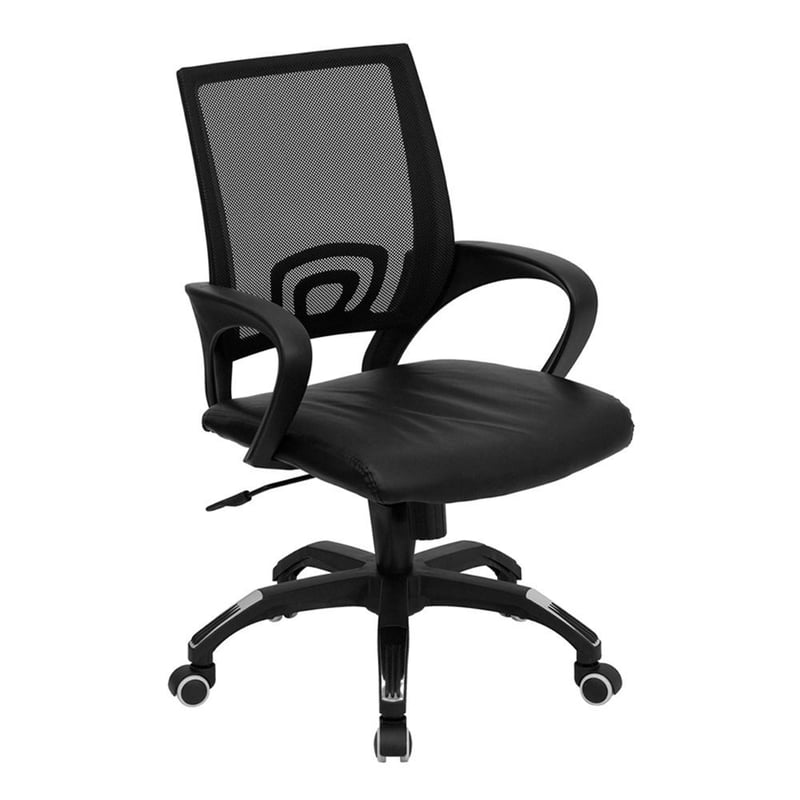 Contemporary Mid-Back Mesh Swivel Task Chair with Black Leather Seat and Armrest