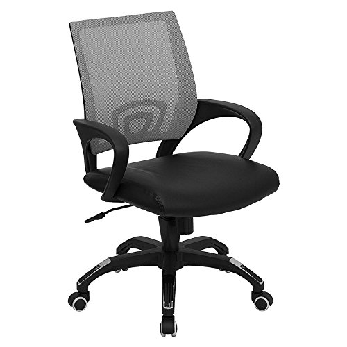 Contemporary Mid-Back Mesh Swivel Task Chair with Black Leather Seat and Armrest