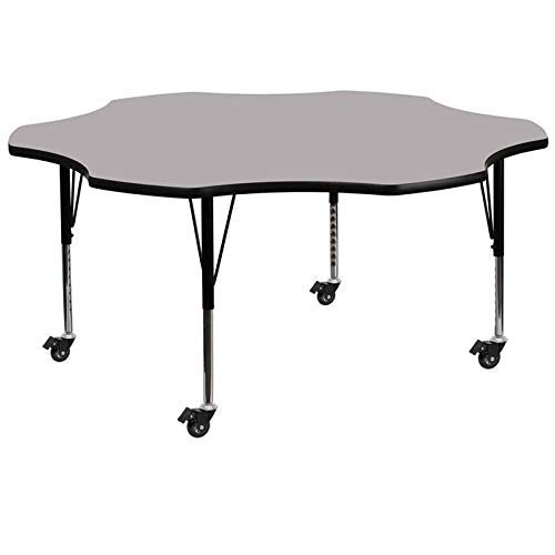 Flower Shape Laminated Top Height Adjusting Folding Table With Metal Legs and Wheels