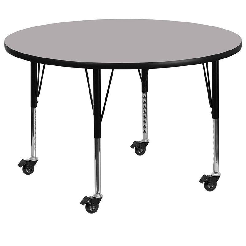 Round Laminated Top Height Adjusting Folding Table With Metal Legs and Wheels