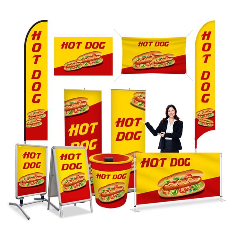 Yellow Hot Dog Print Banner Display Signs & Flags