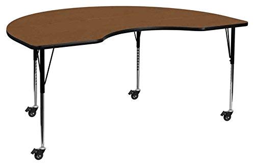 Kidney Shape Laminated Top Height Adjusting Folding Table With Meta Legs and Wheels