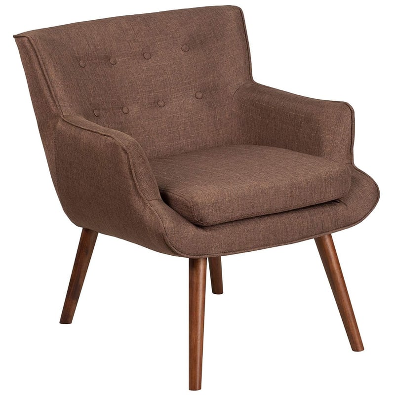 Mid-Century Design Upholstered Fabric Cushion and Tufted Arm Chair with Wood Legs