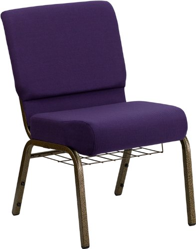 Plain Fabric Upholstered Wide Church Chair With Book Rack & Gold Vein Frame