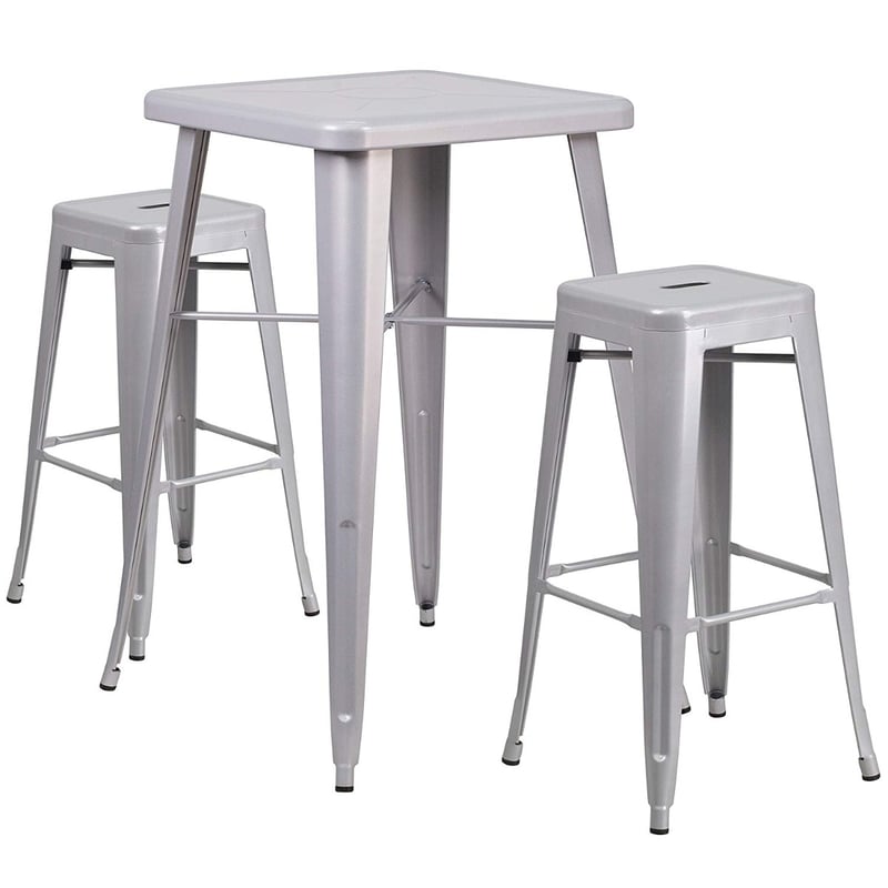Square 23.75' Indoor-Outdoor Metal Bar Table Set With 2 Backless Bar Stool