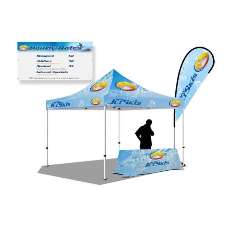 Outdoor Summer Tradeshow Booth With Banner Flag Table Throw and Tents