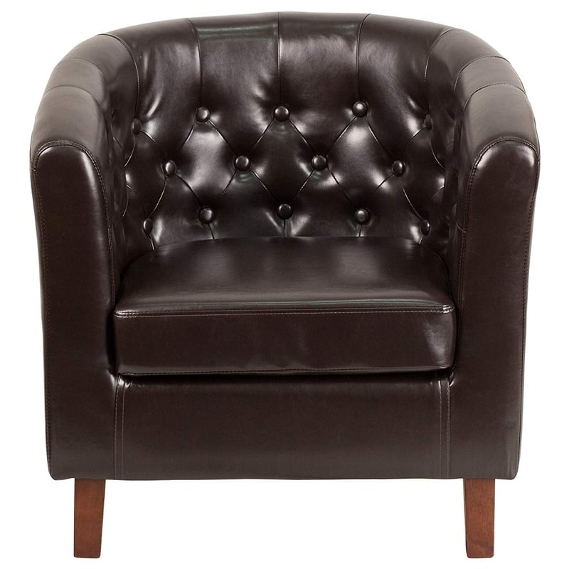 Traditional Upholstered Leather Tufted Barrel Chair with Wood Legs