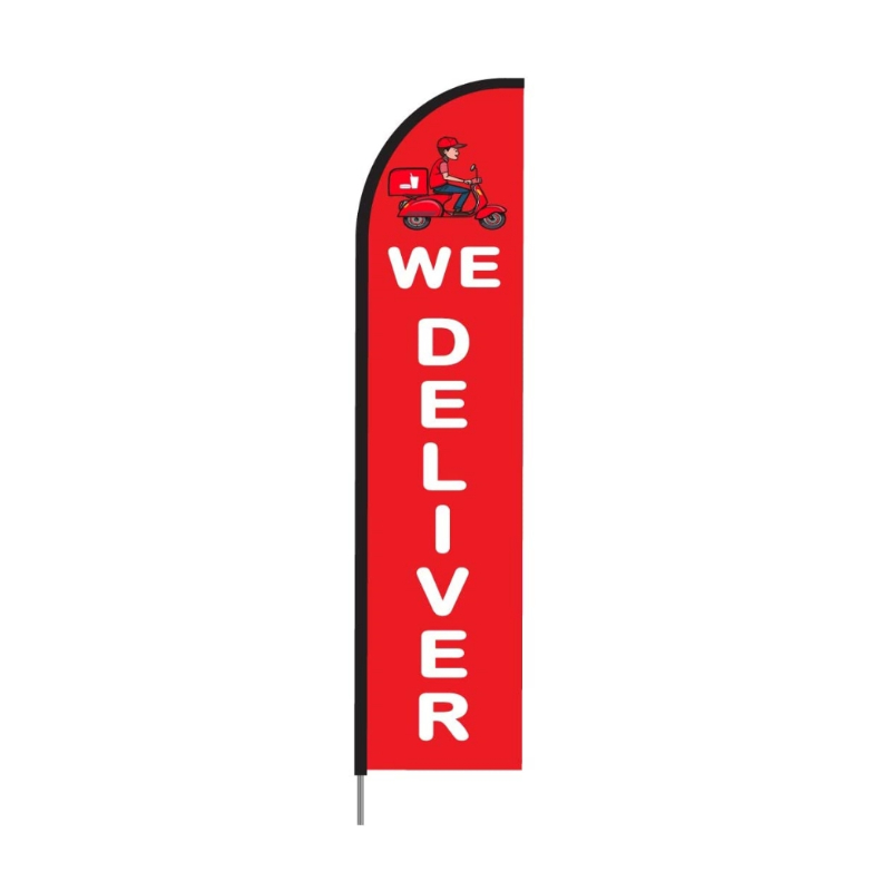 We Deliver Food Print Feather Flag in Red Color for Restaurant