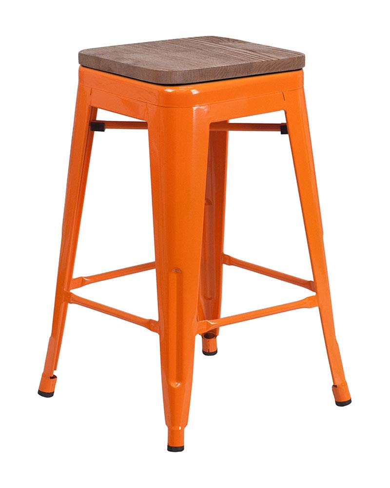 Wood Seat Backless Metal Bar Stool 24 inches High With Footrest