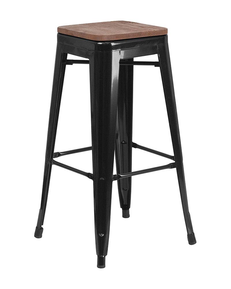 Wood Seat Backless Metal Bar Stool 30 inches High With Footrest