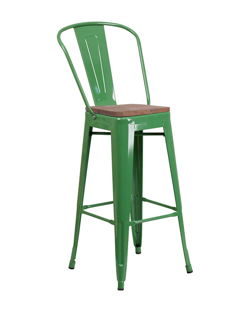 Wood Seat Backrest Metal Bar Stool 30 inches High With Footrest