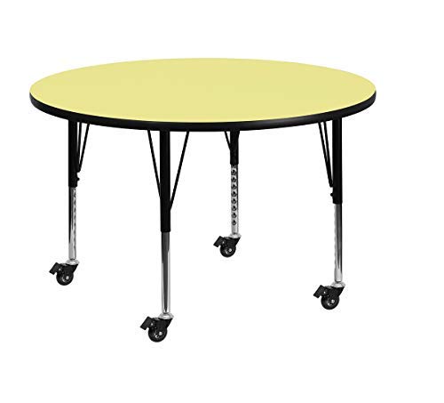 Round Laminated Top Height Adjusting Folding Table With Metal Legs and Wheels