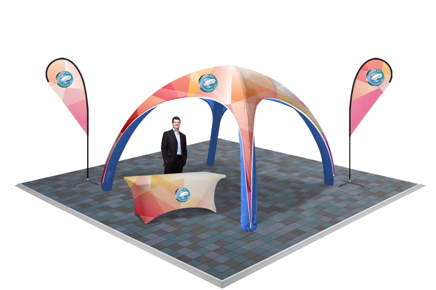 Inflatable Tent With Flags and Table Throw Trade Show Booth