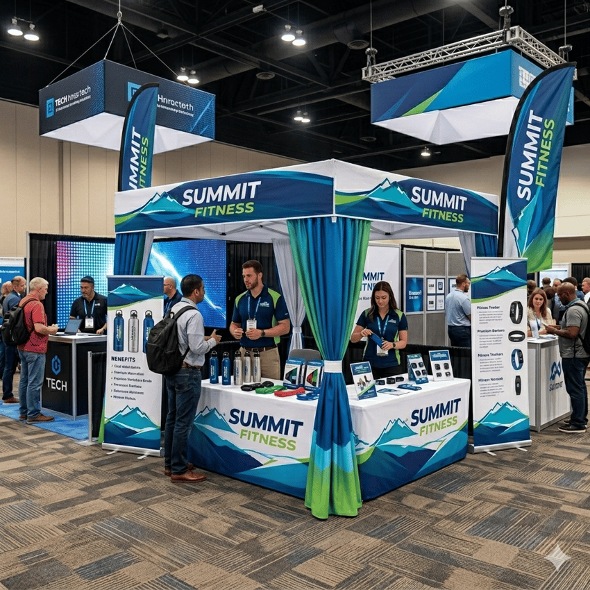 Custom branded flat-roof promotional tent for outdoor and indoor events, shown at a fitness convention with integrated marketing banners and product display table.