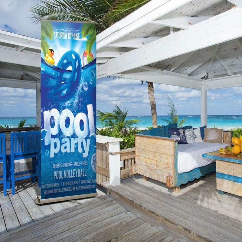 Retractable Banner custom-Printed to advertise Pool Party at Beach resort. 