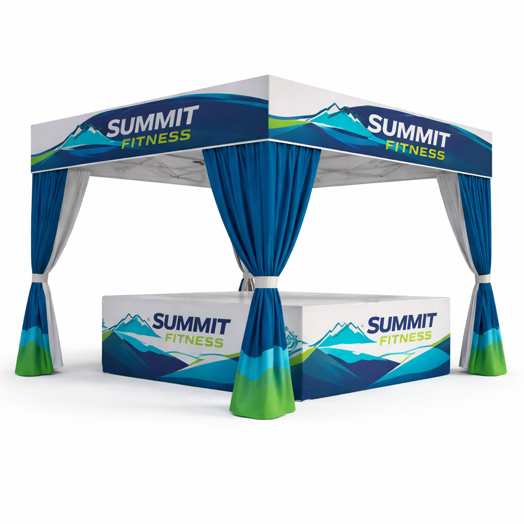 Custom printed flat top canopy tent with counter for trade show display