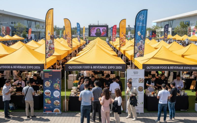A comprehensive outdoor branding setup including custom flags, event tents, and inflatable arches for a cohesive festival identity