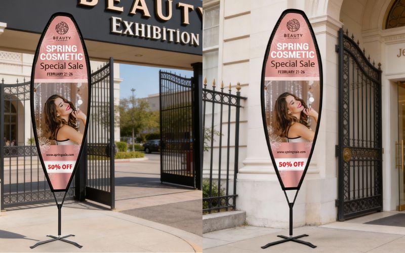Concave teardrop flags positioned outside a beauty salon to create a professional and stylish brand presence.