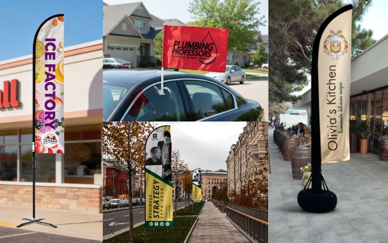 Examples of specialized mounting options for advertising flags, including car window clips and weighted cross-bases for pavement display