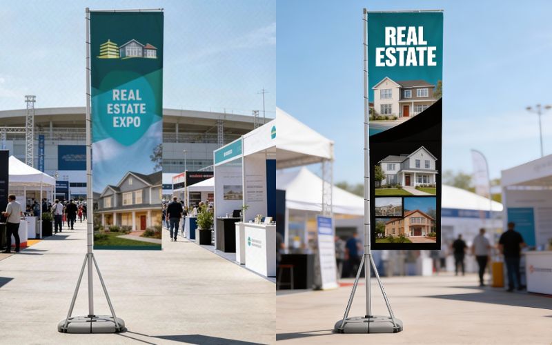 Large-format rectangular flags used at a property development expo to provide maximum surface area for high-resolution brand imagery