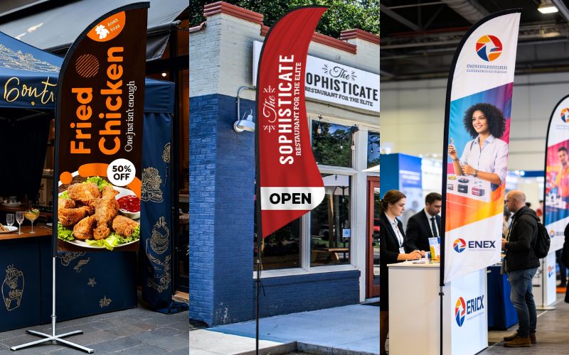 A set of custom feather flags designed for restaurants and retail shops, showcasing how vertical space attracts passing foot traffic.